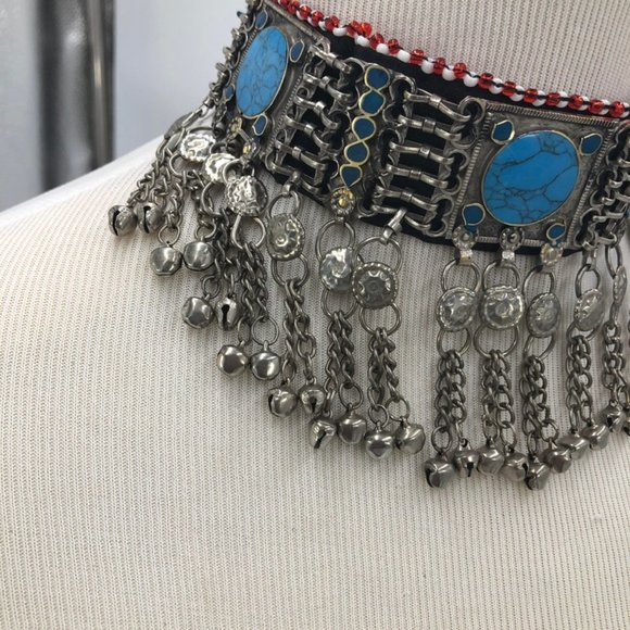 Turquoise Kuchi Choker, Afghan Choker with Stones and Silver Beads, KuchiJewelry - Picture 2 of 4